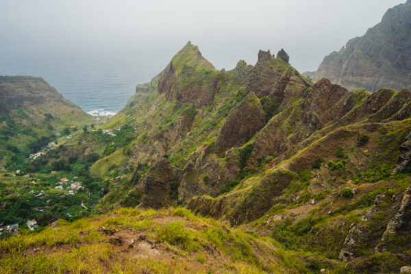 Amazing Landscape of harsh rugged mountain peaks of Ribeira de Janela and village in the valley. Santo Antao Cape Cabo Verde.